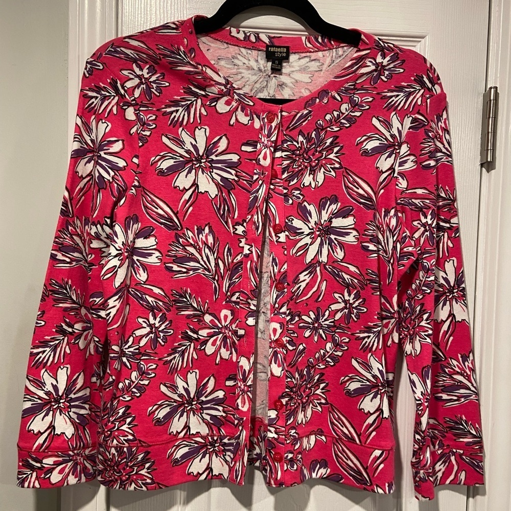 NWT Rafaella Size S Bright Pink Floral Cotton Long Sleeve Lightweight Cardigan